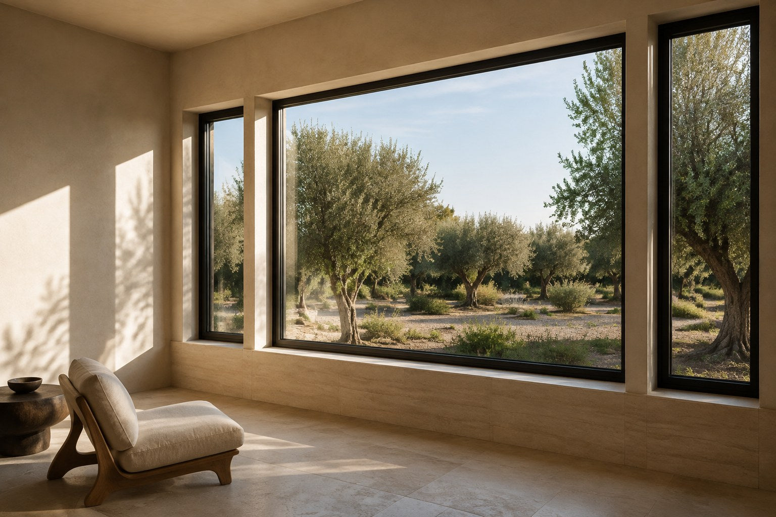 Architectural inspiration: black-framed windows bringing garden views into a warm, sunlit living room